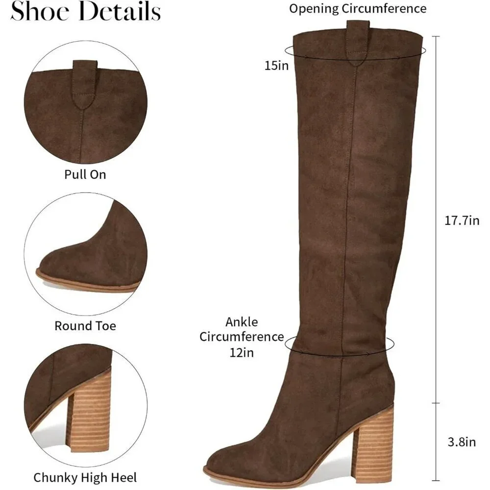 Women's 1 Chocolate Suede Knee-high Boots Fall Boot Chunky Block High Heel